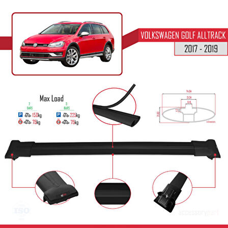 VW Golf Alltrack Mk7 2017-2019 Arası ile Uyumlu FLY Model Ara Atkı Tavan Barı Siyah 2 Adet