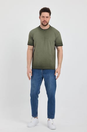 Erkek Haki Bisiklet Yaka Yıkamalı Basic T-shirt - 165