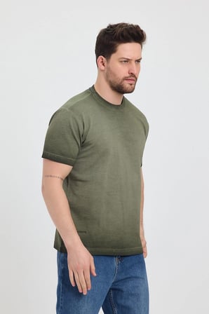 Erkek Haki Bisiklet Yaka Yıkamalı Basic T-shirt - 165