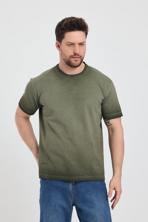 Erkek Haki Bisiklet Yaka Yıkamalı Basic T-shirt - 165