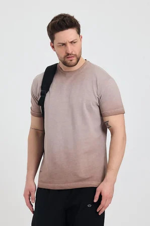 Erkek Kahverengi Bisiklet Yaka Yıkamalı Basic T-shirt - 165