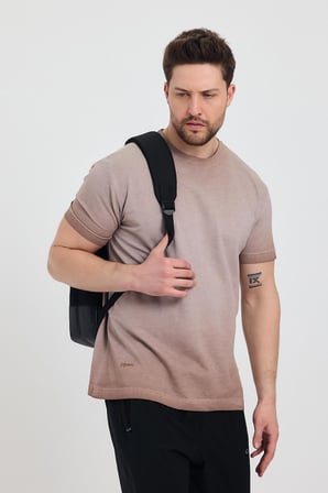Erkek Kahverengi Bisiklet Yaka Yıkamalı Basic T-shirt - 165