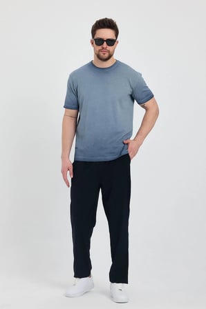 Erkek Lacivert Bisiklet Yaka Yıkamalı Basic T-shirt - 165