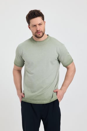 Erkek Yeşil Bisiklet Yaka Yıkamalı Basic T-shirt - 165