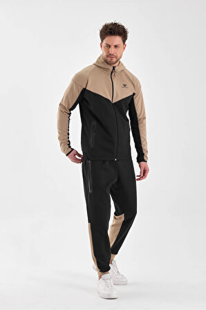 Erkek Double Face Kapüşonlu Fermuar Kapamalı Cepli Lastikli Paça Lacivert Bej Eşofman Takımı - 7763