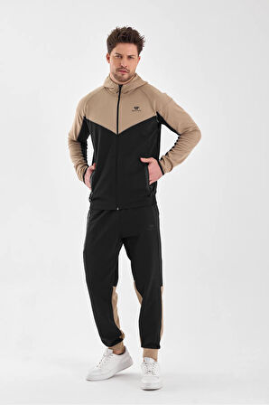 Erkek Double Face Kapüşonlu Fermuar Kapamalı Cepli Lastikli Paça Lacivert Bej Eşofman Takımı - 7763