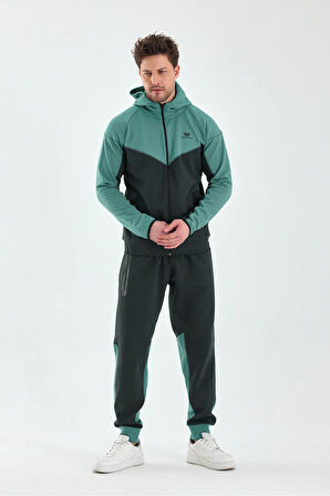 Erkek Double Face Kapüşonlu Fermuar Kapamalı Cepli Lastikli Paça Petrol Yeşil Eşofman Takımı - 7763