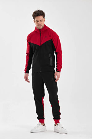 Erkek Double Face Kapüşonlu Fermuar Kapamalı Cepli Lastikli Paça Siyah Kırmızı Eşofman Takımı - 7763