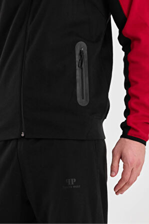 Erkek Double Face Kapüşonlu Fermuar Kapamalı Cepli Lastikli Paça Siyah Kırmızı Eşofman Takımı - 7763