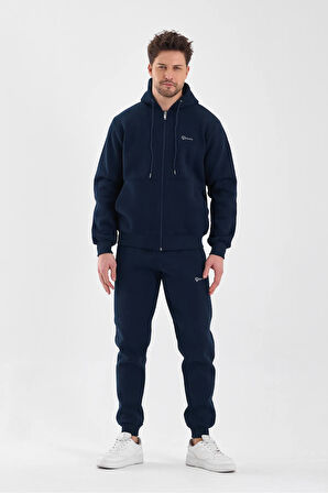 Erkek Üç İplik Kapüşonlu Fermuarlı Cepli Lastikli Paça Açık Lacivert Gri Eşofman Takımı - 5206