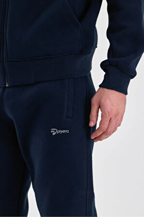 Erkek Üç İplik Kapüşonlu Fermuarlı Cepli Lastikli Paça Açık Lacivert Gri Eşofman Takımı - 5206