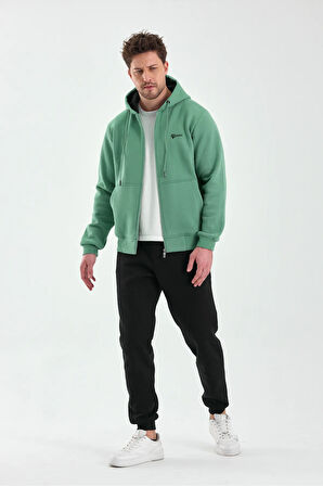 Erkek Üç İplik Kapüşonlu Fermuar Kapamalı Cepli Lastikli Paça Yeşil Lacivert Eşofman Takımı - 5206