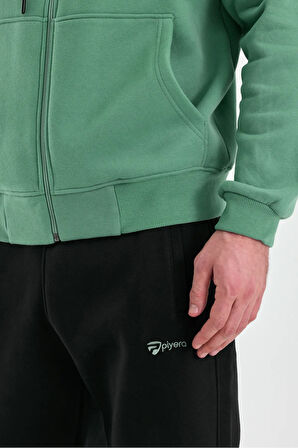 Erkek Üç İplik Kapüşonlu Fermuar Kapamalı Cepli Lastikli Paça Yeşil Lacivert Eşofman Takımı - 5206