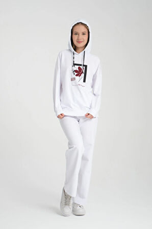 Kadın Iki Iplik Kapüşonlu Cepli Çiçek Baskılı Geniş Paça Eşofman Takımı - 7794