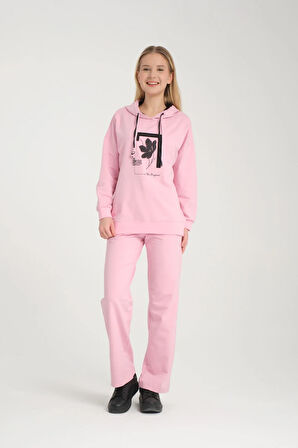 Kadın Iki Iplik Kapüşonlu Cepli Çiçek Baskılı Geniş Paça Eşofman Takımı - 7794