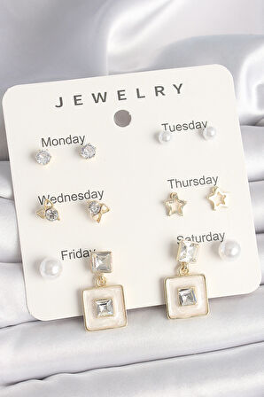 Pirinç Gold Renk Zirkon Taşlı Yıldız Figür Sallantı Beyaz Mineli Model 7'Li Kadın Küpe Seti