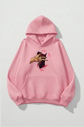Unisex Yumuşak Dokulu HAV HAV Baskılı Tasarım Oversize 3 İplik Hoodie Sweatshirt