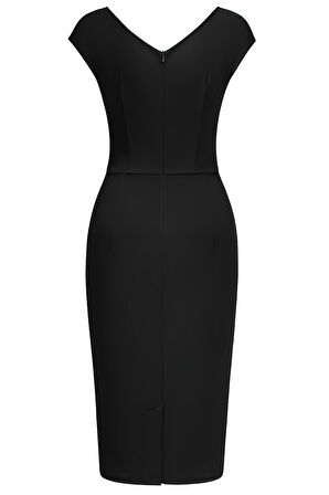 Kadın Büyük Beden Siyah Kalp Yaka Kalem Midi Elbise