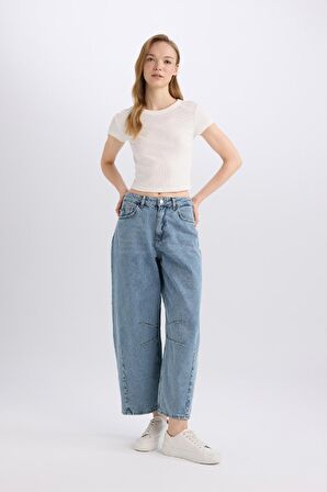 Baggy Fit Yüksek Bel Uzun Jean Yıkamalı Pantolon
