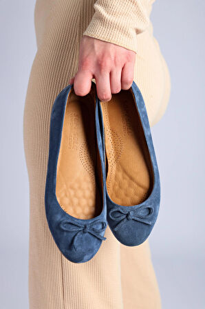 Kadın Hakiki Deri Ortopedik Fiyonk Detaylı Babet Ayakkabı - Lacivert Süet Rahat Günlük Şık Babet