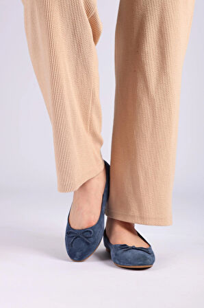 Kadın Hakiki Deri Ortopedik Fiyonk Detaylı Babet Ayakkabı - Lacivert Süet Rahat Günlük Şık Babet