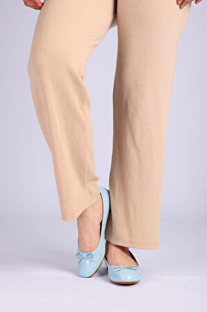 Kadın Hakiki Deri Ortopedik Fiyonk Detaylı Babet Ayakkabı - Açık Mavi Rahat Günlük Şık Babet