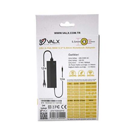 Valx LA-19030 19V 4.74A 90W 5.5x3.0 Laptop Adaptör