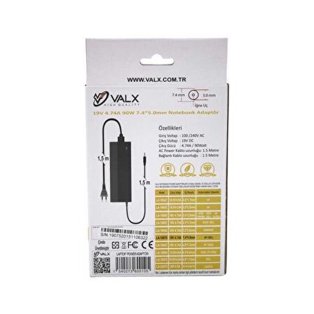 Valx LA-19075 19V 4.74A 90W 7.4x5.0 Laptop Adaptör
