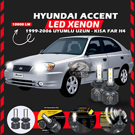 Hyundai Accent Admira 1999-2006 Uzun-Kısa Far Uyumlu Şimşek Etkili Led Xenon Premium Series H4