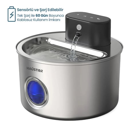 Haustier WF014 Otomatik Kablosuz Kedi Su Pınarı, Sensörlü , Bataryalı , Ultra Sessiz, Çelik , 4Lt Hazne