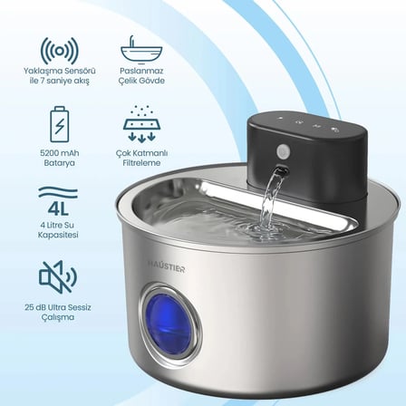 Haustier WF014 Otomatik Kablosuz Kedi Su Pınarı, Sensörlü , Bataryalı , Ultra Sessiz, Çelik , 4Lt Hazne