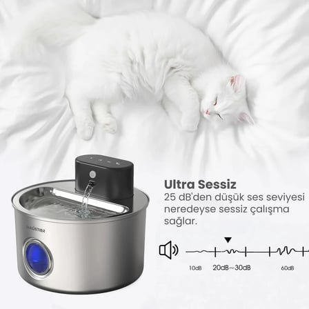 Haustier WF014 Otomatik Kablosuz Kedi Su Pınarı, Sensörlü , Bataryalı , Ultra Sessiz, Çelik , 4Lt Hazne
