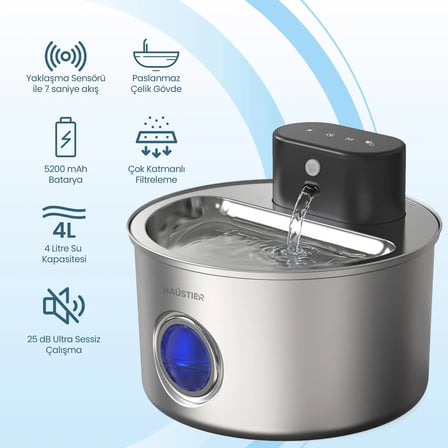 Haustier WF014 Otomatik Kablosuz Kedi Su Pınarı, Sensörlü , Bataryalı , Ultra Sessiz, Çelik , 4Lt Hazne