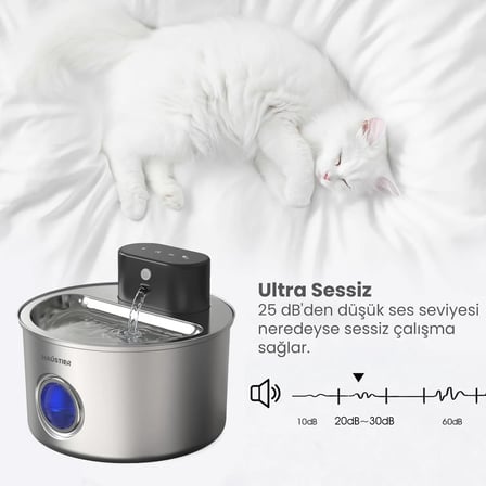 Haustier WF014 Otomatik Kablosuz Kedi Su Pınarı, Sensörlü , Bataryalı , Ultra Sessiz, Çelik , 4Lt Hazne