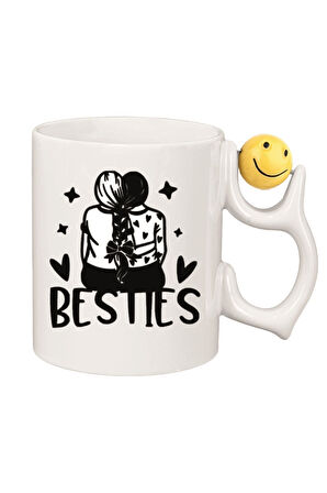 Besties Arkadaş Emoji Ve Kalp Kulplu Özel Süblimasyon Kaliteli Baskılı Porselen Kupa Bardak Emoji Kulp