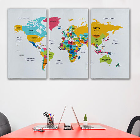 Harita Sepeti Türkçe Dünya Haritası Dekoratif Kanvas Tablo Ülke ve Başkentli 1542