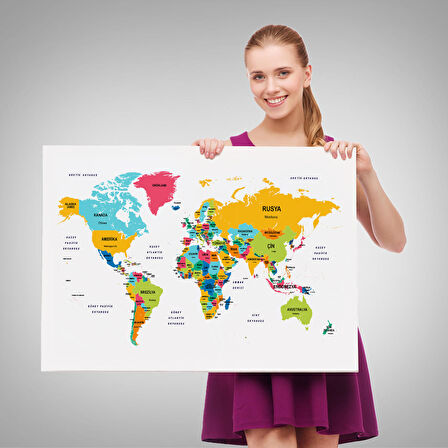 Harita Sepeti Türkçe Dünya Haritası Dekoratif Kanvas Tablo Ülke ve Başkentli 1542