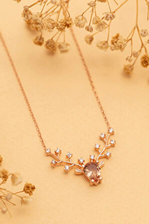 Kadın Gümüş Kolye - Zultanit Taşlı Geyik Kafası Motifli Rose Altın Kaplama Gümüş Kolye