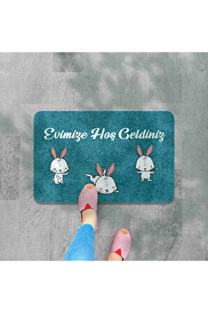 Dijital Baskılı kapı önü paspas Hoşgeldiniz Yazılı Çiçek Desen ve tavşan Iç ve Dış Kapı Yıkanabilir