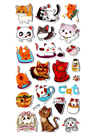 Sticker Kabartmalı Stiker Çıkartma Etiket (XHC049)-18x9 cm- Sevimli Kedi
