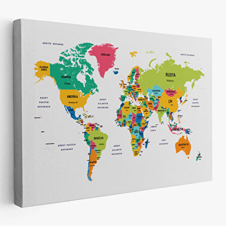 Harita Sepeti Türkçe Dünya Haritası Dekoratif Kanvas Tablo Ülke ve Başkentli 1544
