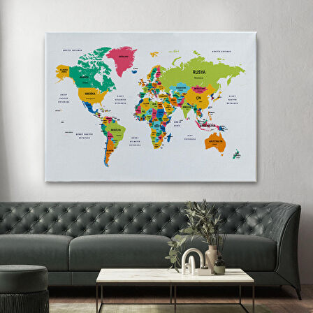 Harita Sepeti Türkçe Dünya Haritası Dekoratif Kanvas Tablo Ülke ve Başkentli 1544