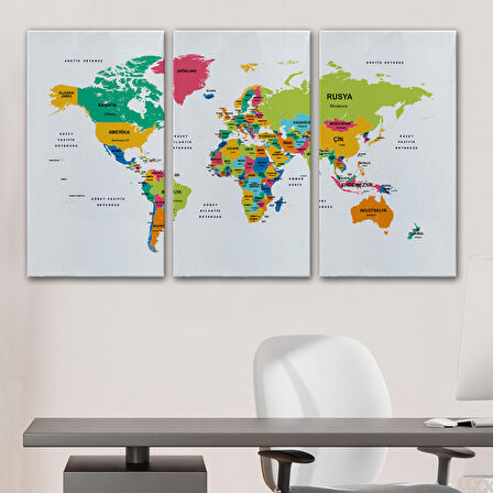 Harita Sepeti Türkçe Dünya Haritası Dekoratif Kanvas Tablo Ülke ve Başkentli 1544