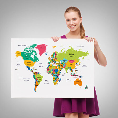 Harita Sepeti Türkçe Dünya Haritası Dekoratif Kanvas Tablo Ülke ve Başkentli 1544