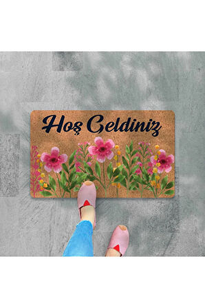 Modern Dijital Baskı - Hoş Geldiniz Yazalı Paspas - Kaymaz Taban Kapı Önü Paspası