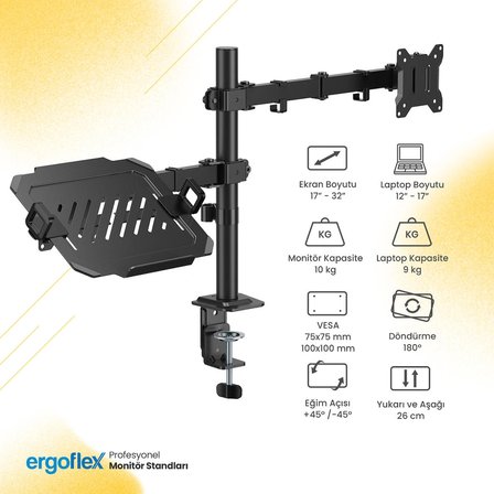 Ergoflex EF A74L Amortisörlü 17-27 Monitör Tutucu ve 10-17 Laptop Standı