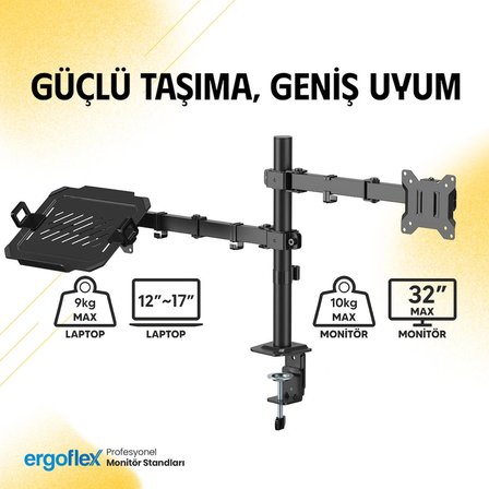 Ergoflex EF A74L Amortisörlü 17-27 Monitör Tutucu ve 10-17 Laptop Standı