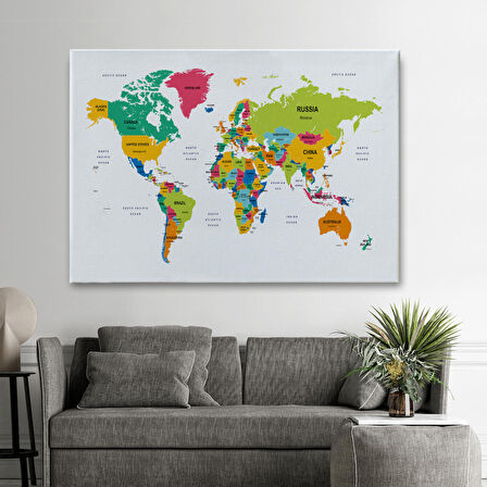 Harita Sepeti Dünya Haritası Dekoratif Kanvas Tablo Ülke ve Başkentli 1545