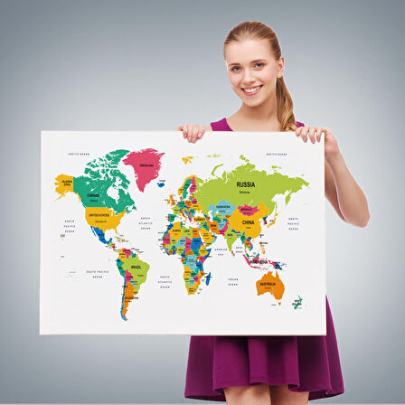 Harita Sepeti Dünya Haritası Dekoratif Kanvas Tablo Ülke ve Başkentli 1545