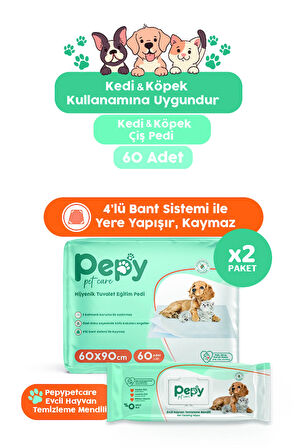 Çiş Pedi Yatak Koruyucu 60x90cm 2 paket 60 Adet + Evcil Hayvan Temizleme Mendili 2 paket 100 Adet